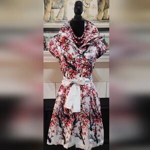 Samuel Dong Red White Cherry Blossoms Wired Double Collar Zip Front Dress